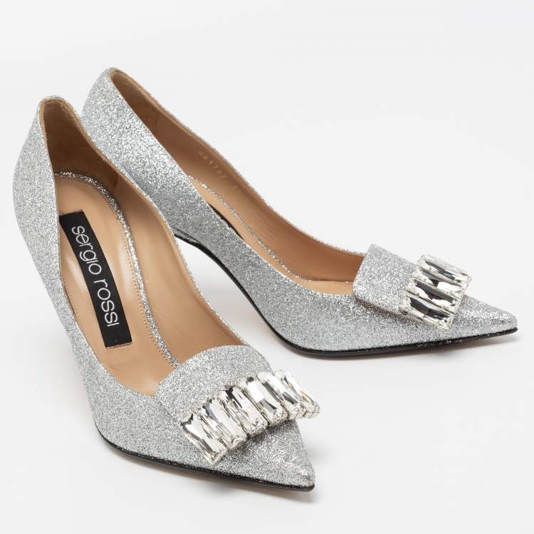Pre Owned Sergio Rossi Silver Glitter Crystal Embellished Pumps Size 39