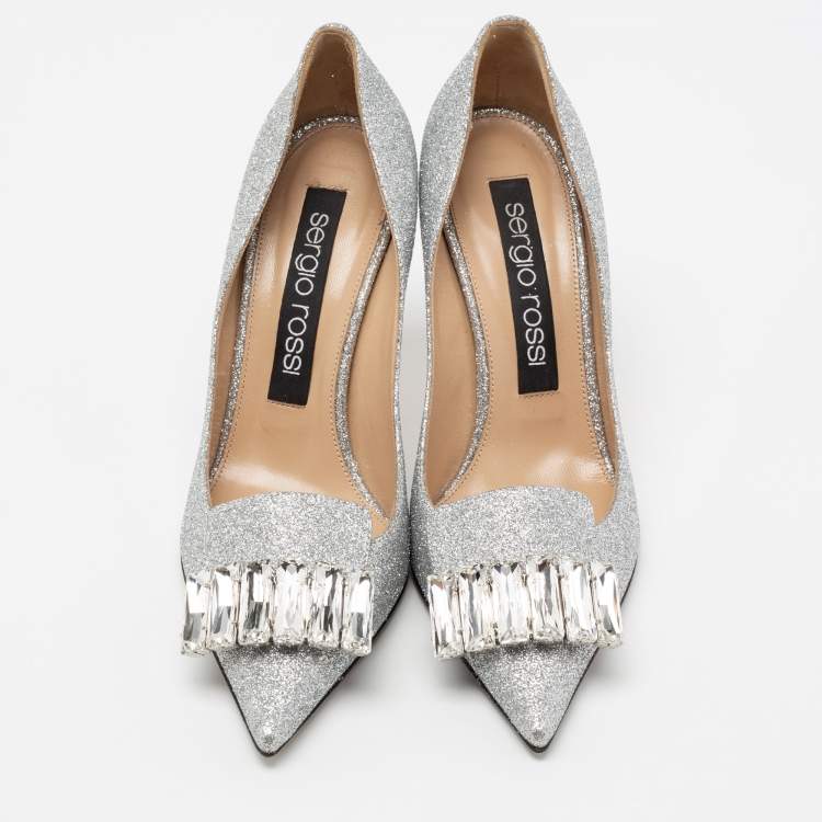 Pre Owned Sergio Rossi Silver Glitter Crystal Embellished Pumps Size 39