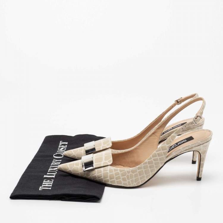 Pre Owned Sergio Rossi Beige Croc Embossed Leather Slingback Pumps Size 38