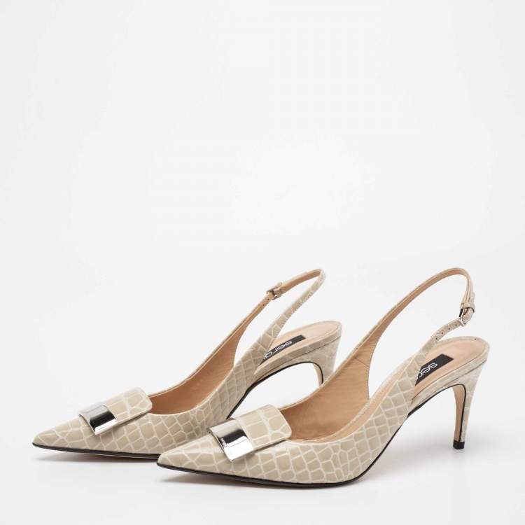 Pre Owned Sergio Rossi Beige Croc Embossed Leather Slingback Pumps Size 38