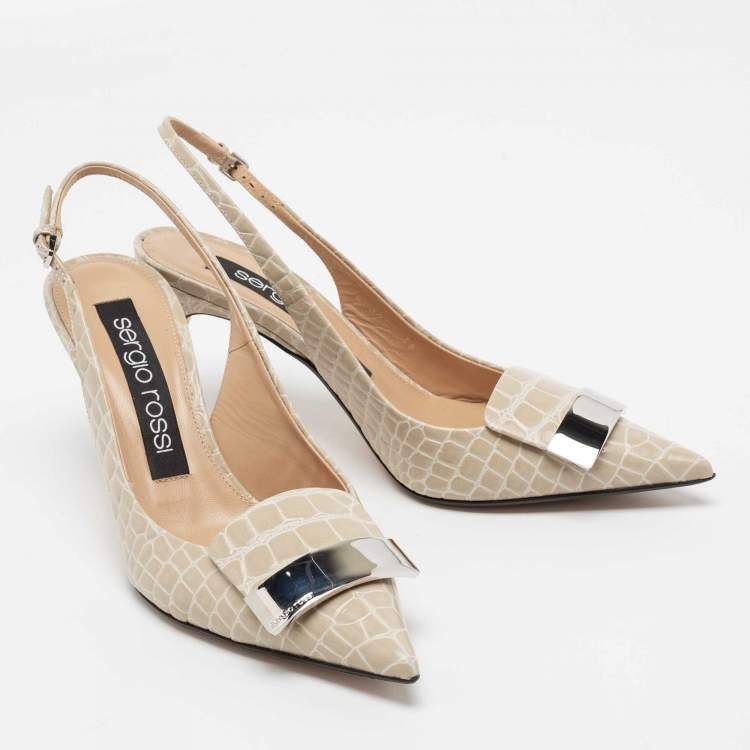 Pre Owned Sergio Rossi Beige Croc Embossed Leather Slingback Pumps Size 38