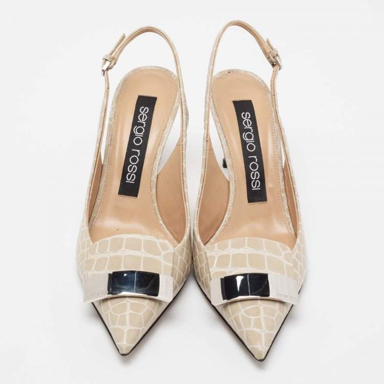 Pre Owned Sergio Rossi Beige Croc Embossed Leather Slingback Pumps Size 38
