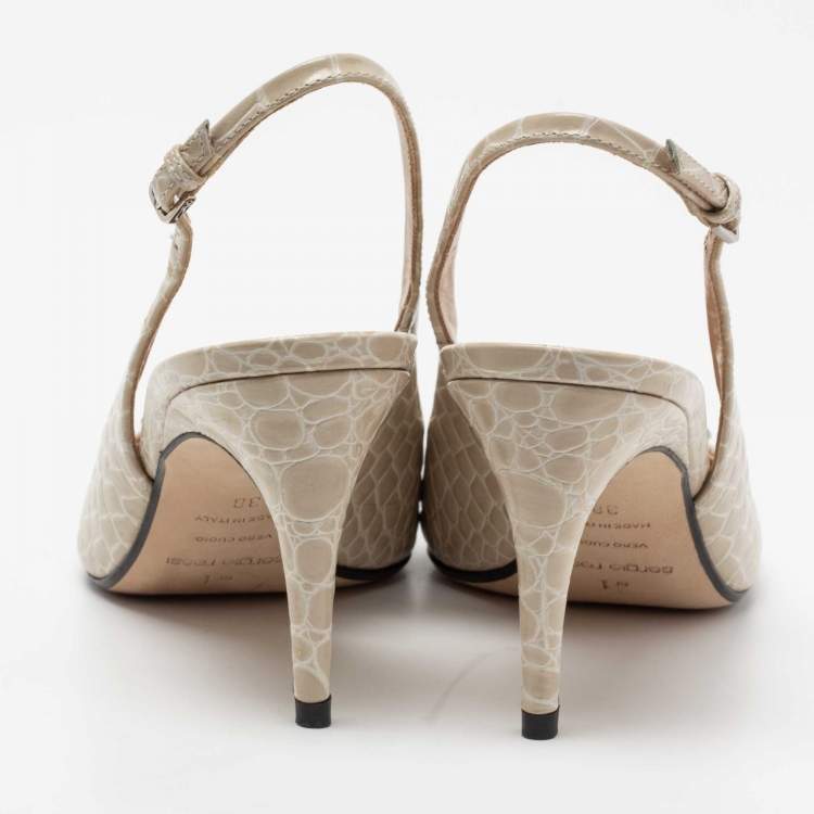 Pre Owned Sergio Rossi Beige Croc Embossed Leather Slingback Pumps Size 38