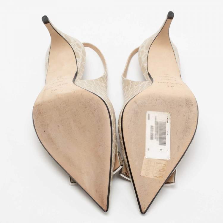 Pre Owned Sergio Rossi Beige Croc Embossed Leather Slingback Pumps Size 38