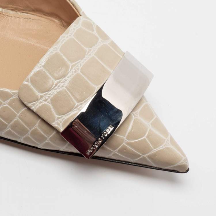 Pre Owned Sergio Rossi Beige Croc Embossed Leather Slingback Pumps Size 38