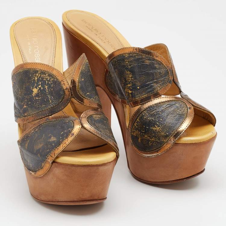 Pre Owned Sergio Rossi Multicolor Leather Peep Toe Platform Slide Sandals Size 36.5