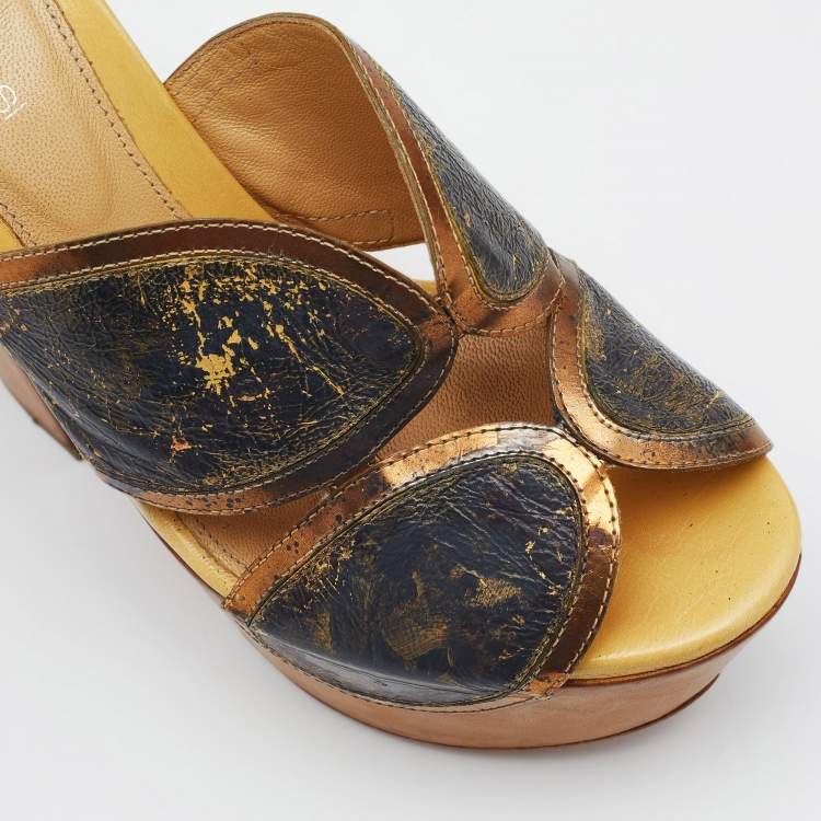 Pre Owned Sergio Rossi Multicolor Leather Peep Toe Platform Slide Sandals Size 36.5