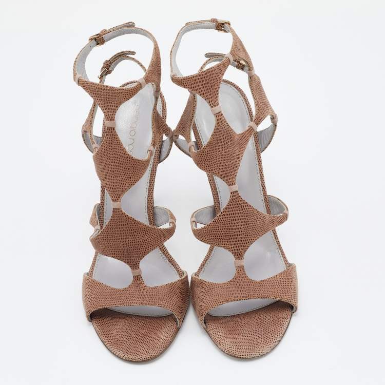 Pre Owned Sergio Rossi Brown Textured Suede Ankle Strap Sandals Size 39