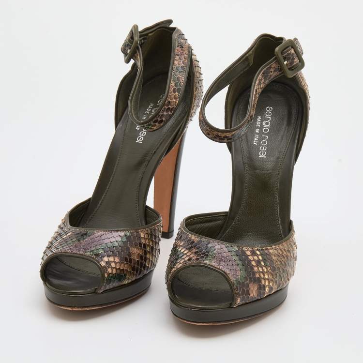 Pre Owned Sergio Rossi Multicolor Python And Leather Trim Ankle Strap Sandals Size 39