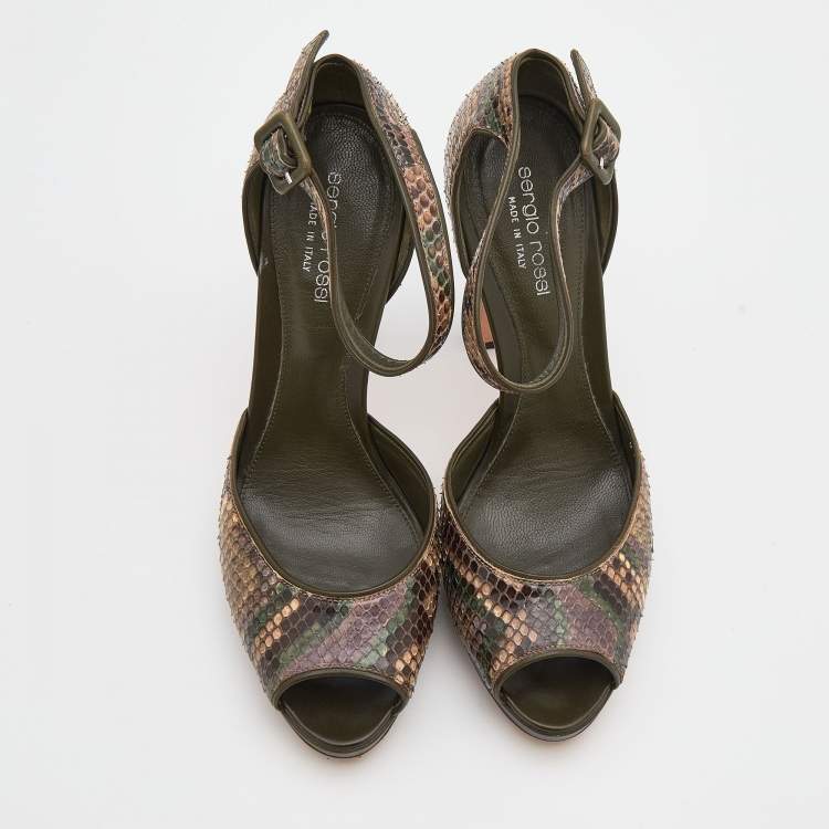 Pre Owned Sergio Rossi Multicolor Python And Leather Trim Ankle Strap Sandals Size 39