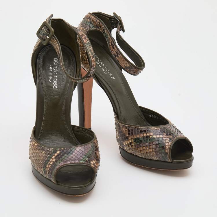 Pre Owned Sergio Rossi Multicolor Python And Leather Trim Ankle Strap Sandals Size 39