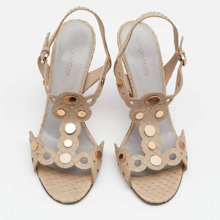 مملوكة مسبقًا Sergio Rossi Beige Snakeskin Leather Studded T Strap Sandals Size 38