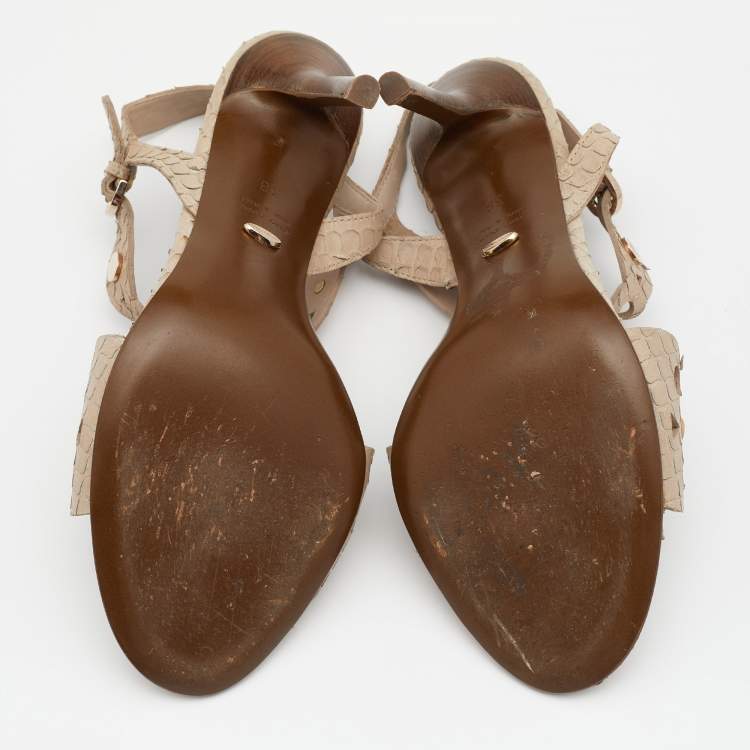 مملوكة مسبقًا Sergio Rossi Beige Snakeskin Leather Studded T Strap Sandals Size 38