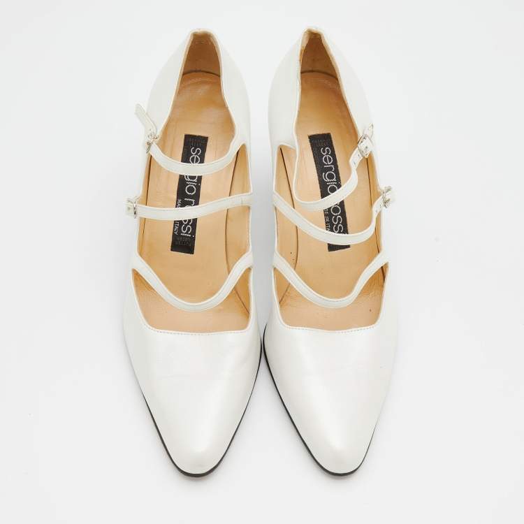 Pre Owned Sergio Rossi White Leather Betty Mary Jane Block Heel Pumps Size 36.5