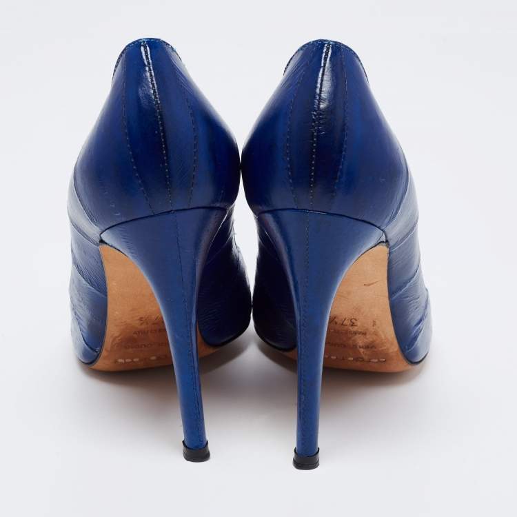 Pre Owned Sergio Rossi Blue Eel Leather Peep Toe Pumps Size 37.5