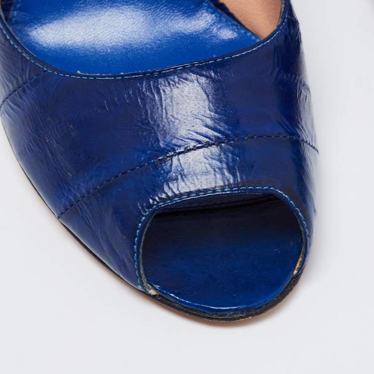 Pre Owned Sergio Rossi Blue Eel Leather Peep Toe Pumps Size 37.5