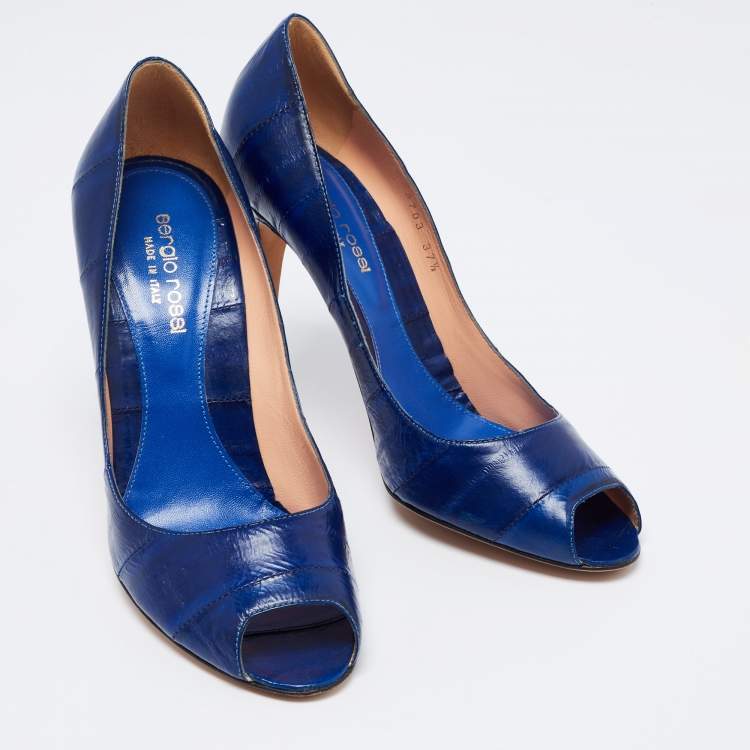 Pre Owned Sergio Rossi Blue Eel Leather Peep Toe Pumps Size 37.5