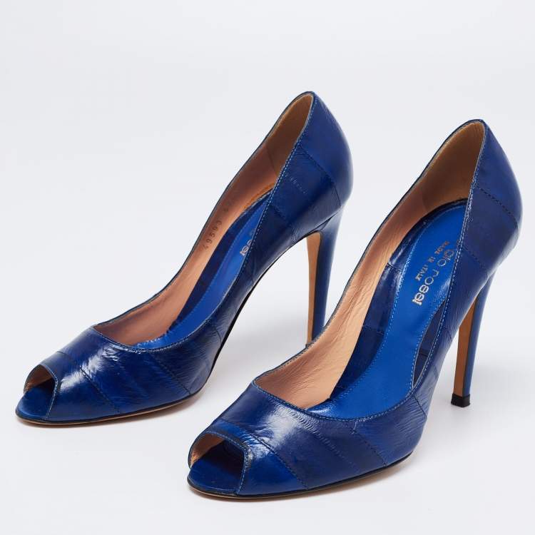 Pre Owned Sergio Rossi Blue Eel Leather Peep Toe Pumps Size 37.5
