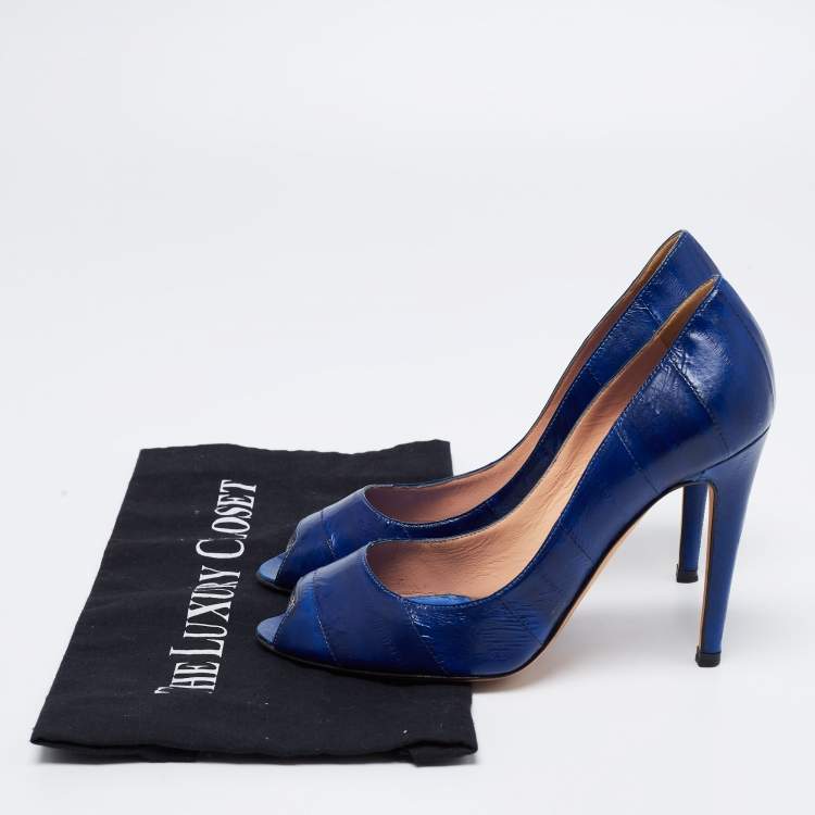 Pre Owned Sergio Rossi Blue Eel Leather Peep Toe Pumps Size 37.5