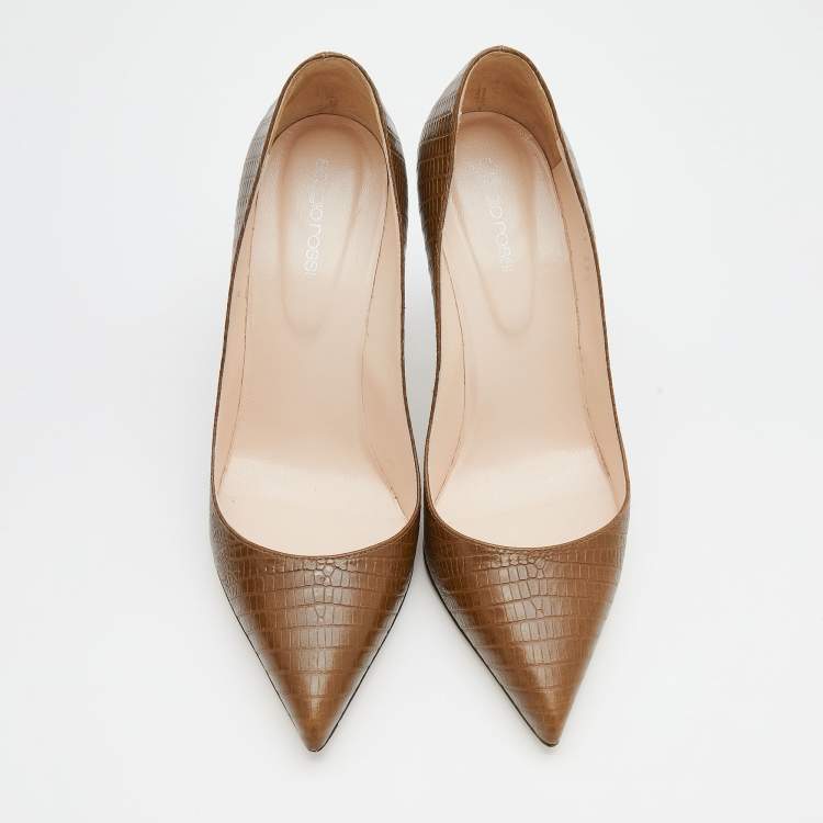 Pre Owned Sergio Rossi Brown Iguana Leather Pointed Toe Pumps Size 39.5