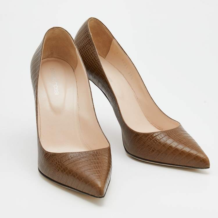 Pre Owned Sergio Rossi Brown Iguana Leather Pointed Toe Pumps Size 39.5