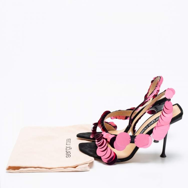 Pre Owned Sergio Rossi Black/Pink Suede Embellished Ankle Strap Sandals Size 38