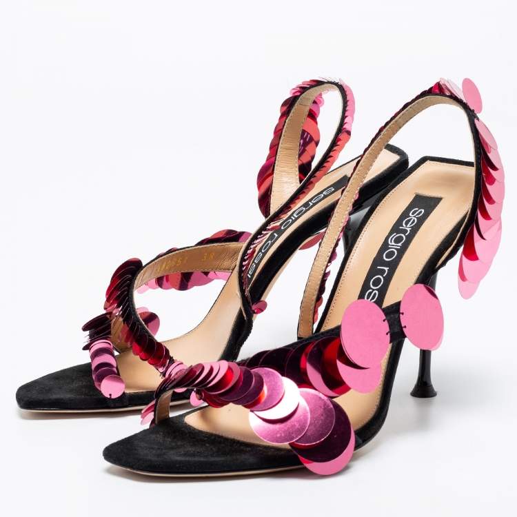 Pre Owned Sergio Rossi Black/Pink Suede Embellished Ankle Strap Sandals Size 38