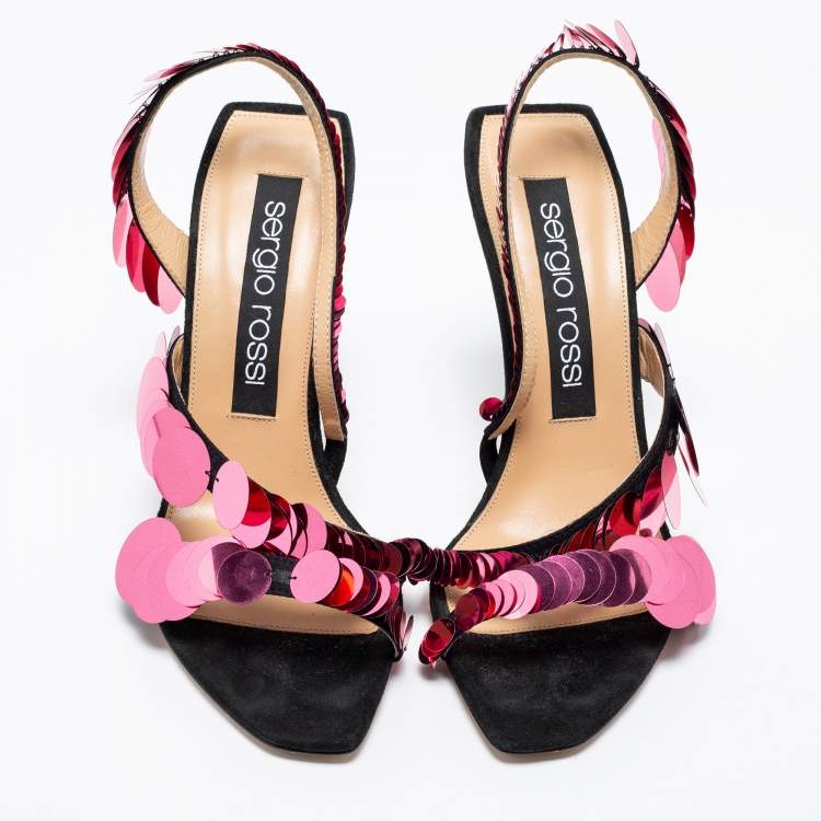 Pre Owned Sergio Rossi Black/Pink Suede Embellished Ankle Strap Sandals Size 38