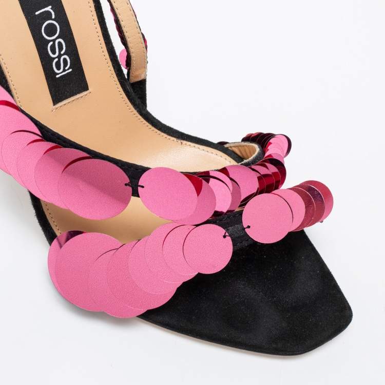 Pre Owned Sergio Rossi Black/Pink Suede Embellished Ankle Strap Sandals Size 38