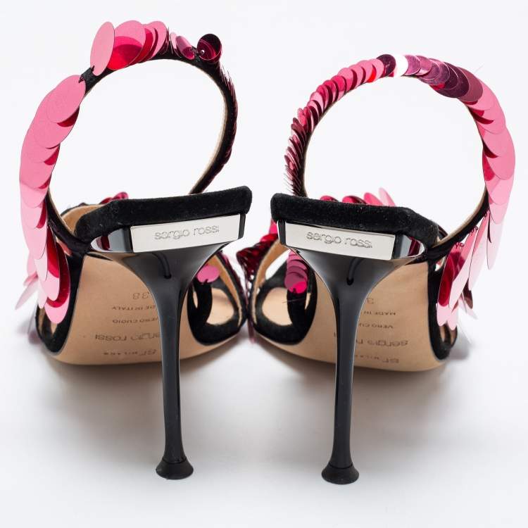 Pre Owned Sergio Rossi Black/Pink Suede Embellished Ankle Strap Sandals Size 38