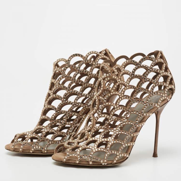Pre Owned Sergio Rossi Beige Crystal Embellished Scalloped Suede Peep-Toe Caged Ankle Booties Size 39