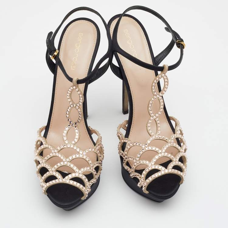 مملوكة مسبقًا Sergio Rossi Black/Beige Satin And Suede Crystal Embellished Strappy Scalloped Platform Sandals Size 40