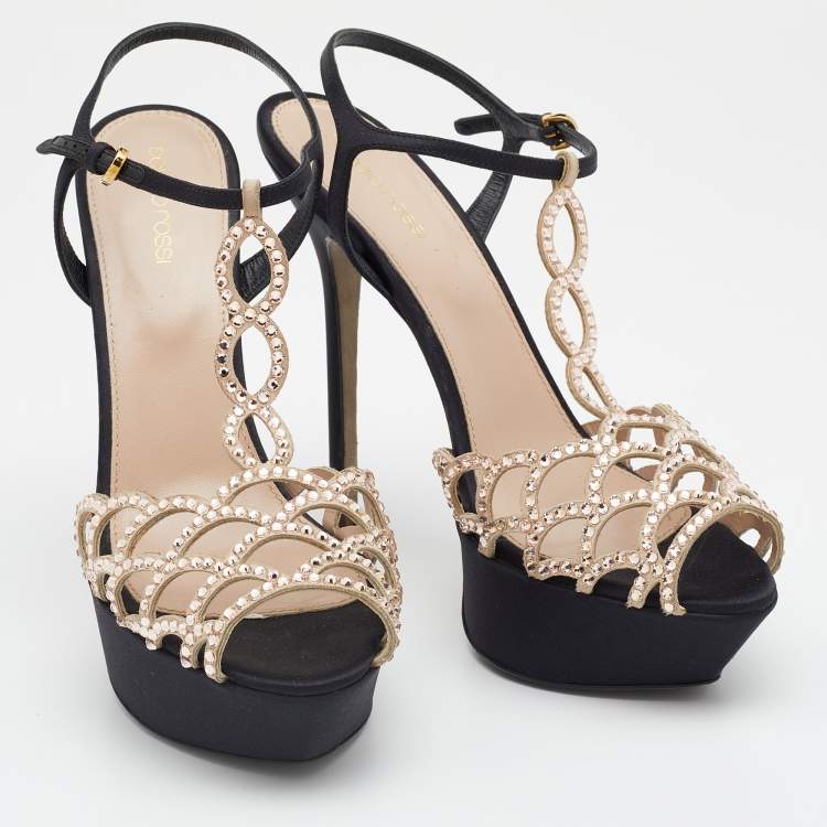مملوكة مسبقًا Sergio Rossi Black/Beige Satin And Suede Crystal Embellished Strappy Scalloped Platform Sandals Size 40