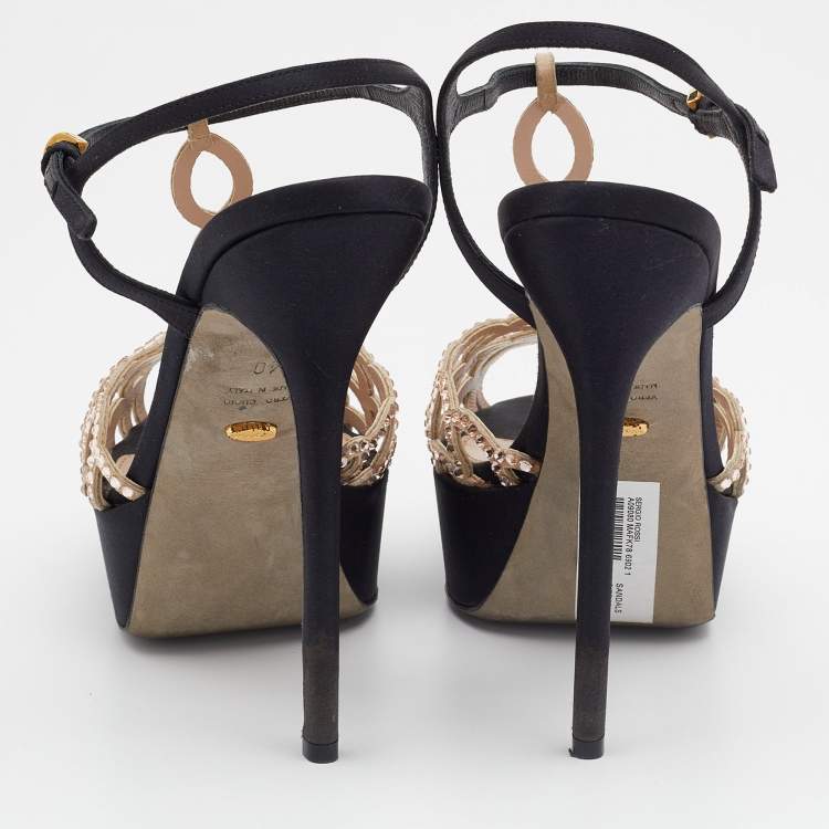 مملوكة مسبقًا Sergio Rossi Black/Beige Satin And Suede Crystal Embellished Strappy Scalloped Platform Sandals Size 40