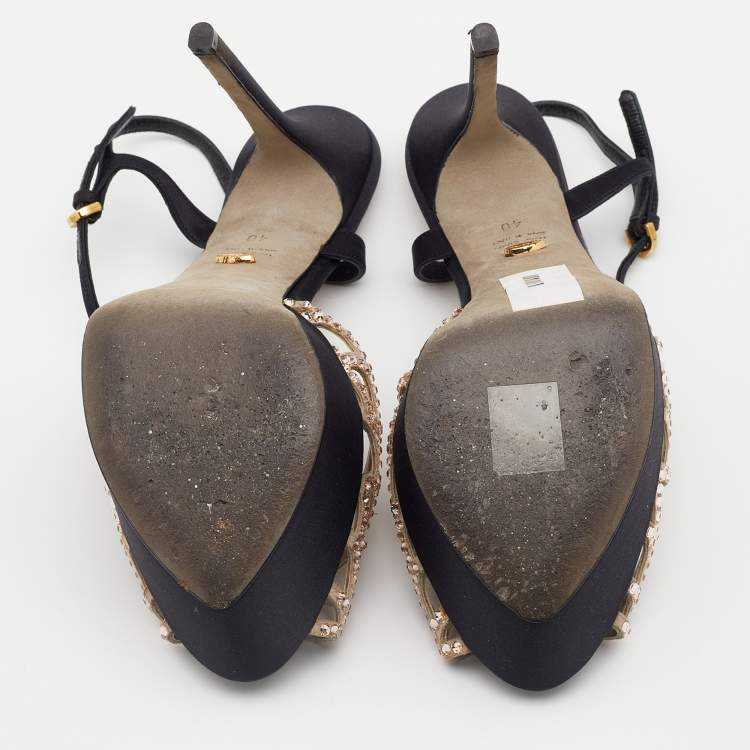 مملوكة مسبقًا Sergio Rossi Black/Beige Satin And Suede Crystal Embellished Strappy Scalloped Platform Sandals Size 40