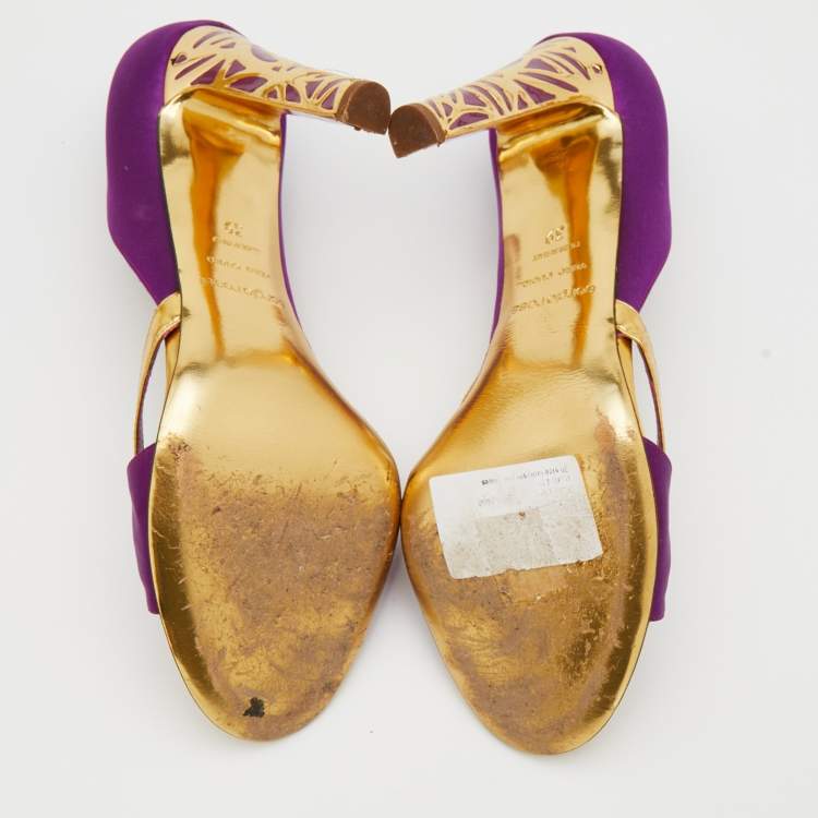 Pre Owned Sergio Rossi Purple/Gold Satin And Leather Open Toe Sandals Size 39