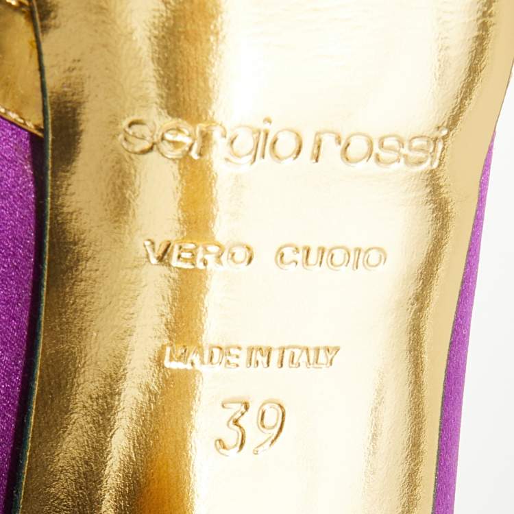 Pre Owned Sergio Rossi Purple/Gold Satin And Leather Open Toe Sandals Size 39