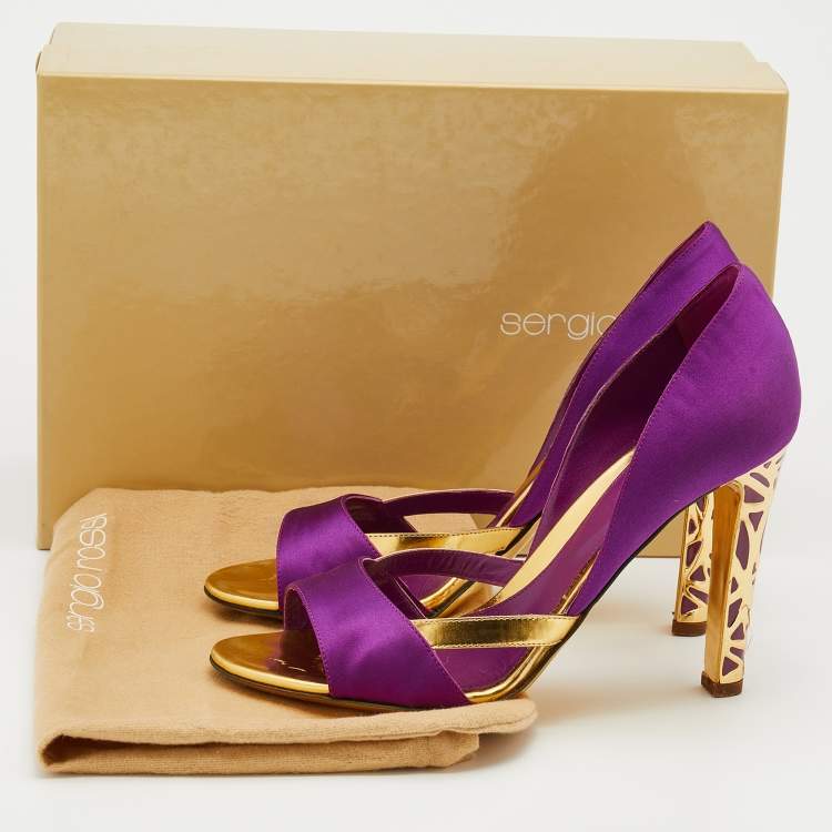 Pre Owned Sergio Rossi Purple/Gold Satin And Leather Open Toe Sandals Size 39