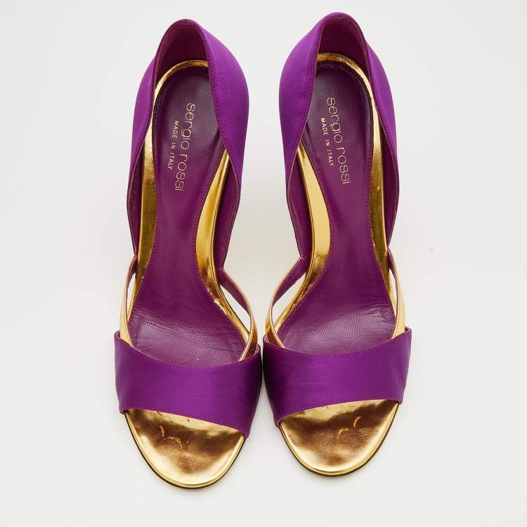 Pre Owned Sergio Rossi Purple/Gold Satin And Leather Open Toe Sandals Size 39