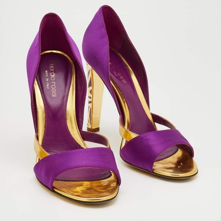 Pre Owned Sergio Rossi Purple/Gold Satin And Leather Open Toe Sandals Size 39