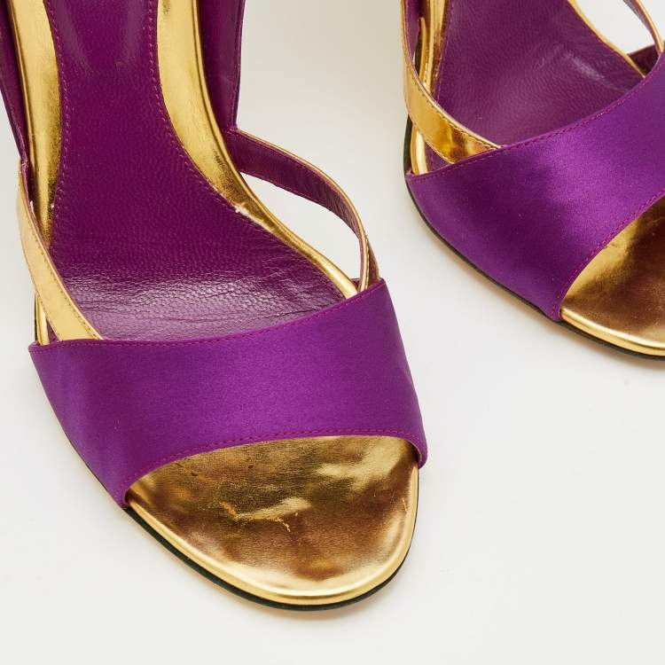 Pre Owned Sergio Rossi Purple/Gold Satin And Leather Open Toe Sandals Size 39