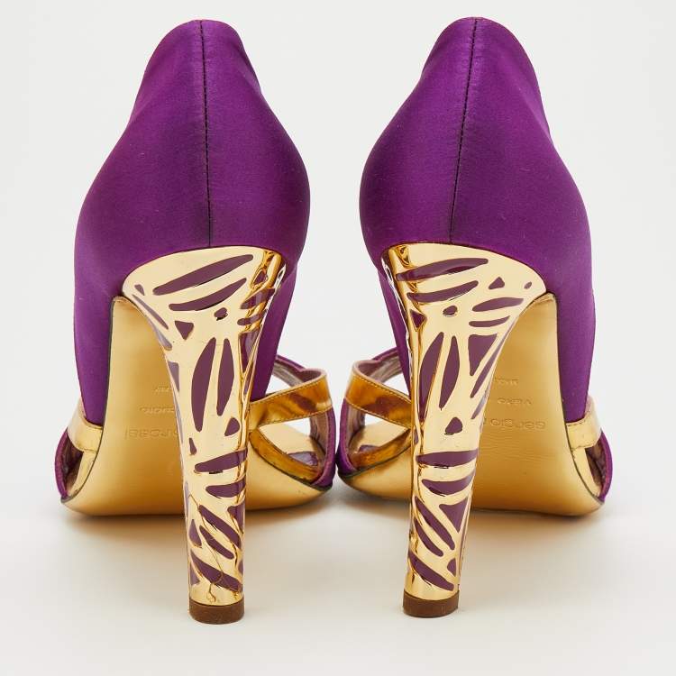 Pre Owned Sergio Rossi Purple/Gold Satin And Leather Open Toe Sandals Size 39