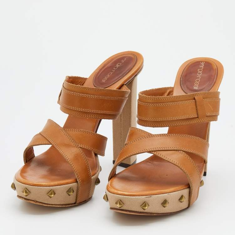 Pre Owned Sergio Rossi Tan Leather Strappy Studded Platform Sandals Size 40