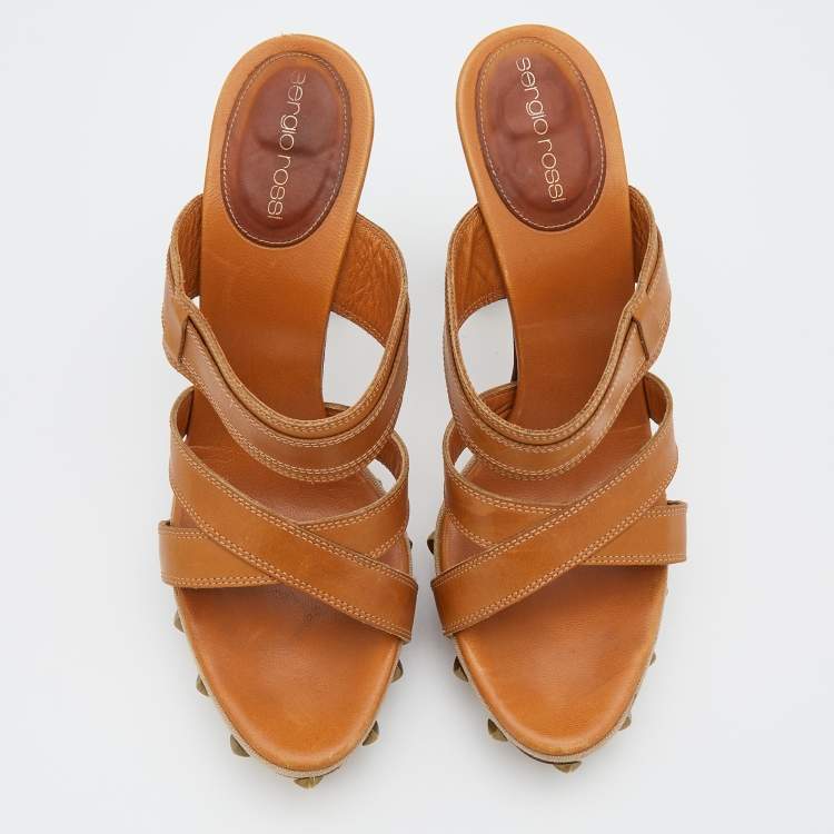 Pre Owned Sergio Rossi Tan Leather Strappy Studded Platform Sandals Size 40