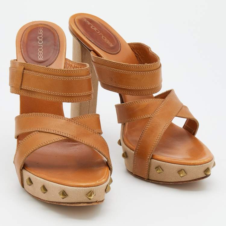 Pre Owned Sergio Rossi Tan Leather Strappy Studded Platform Sandals Size 40
