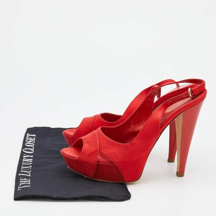 Pre Owned Sergio Rossi Red Satin Open Toe Platform Slingback Sandals Size 40