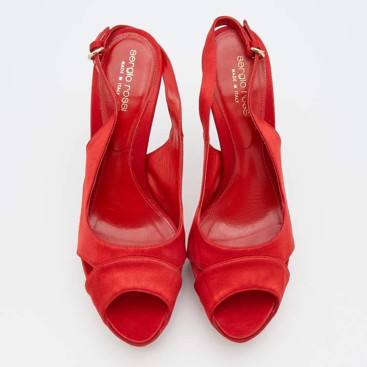 Pre Owned Sergio Rossi Red Satin Open Toe Platform Slingback Sandals Size 40