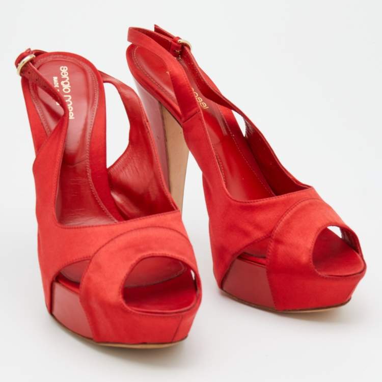 Pre Owned Sergio Rossi Red Satin Open Toe Platform Slingback Sandals Size 40