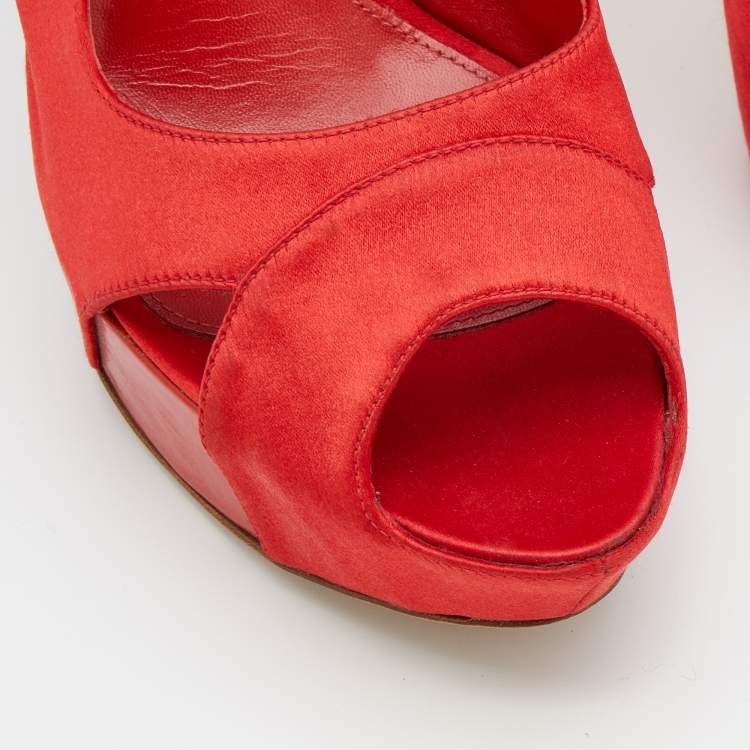 Pre Owned Sergio Rossi Red Satin Open Toe Platform Slingback Sandals Size 40