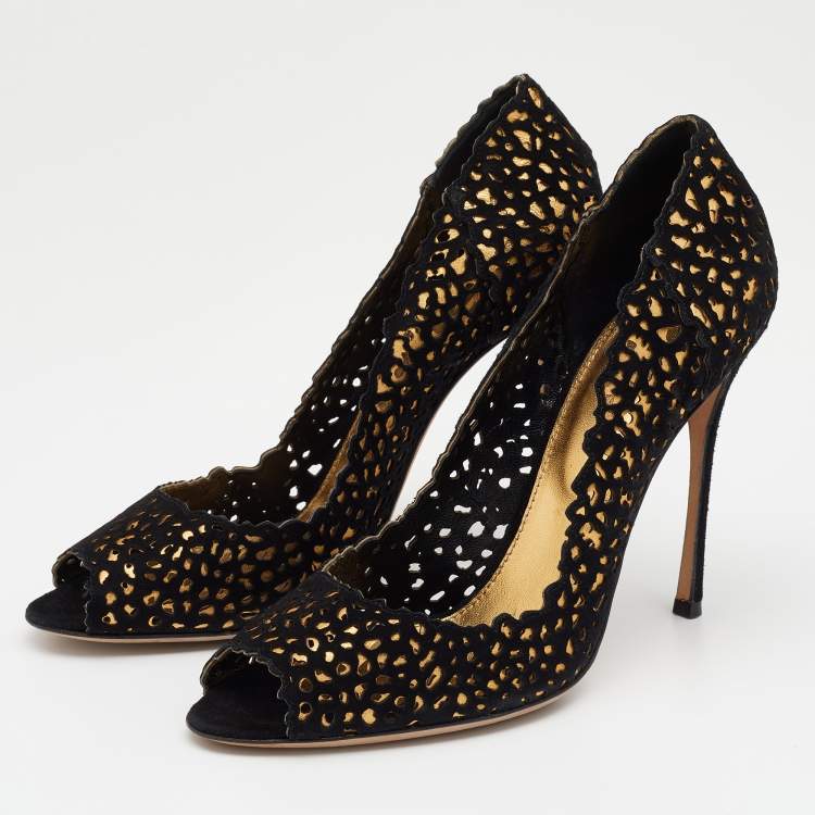 Pre Owned Sergio Rossi Black Suede Laser Cut Peep Toe Pumps Size 40
